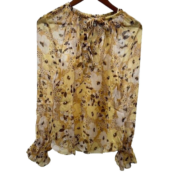 Joie Brigitta Silk Blouse Long Sleeves Floral Print Tie Neck Amber Gold L NWT - Picture 1 of 10